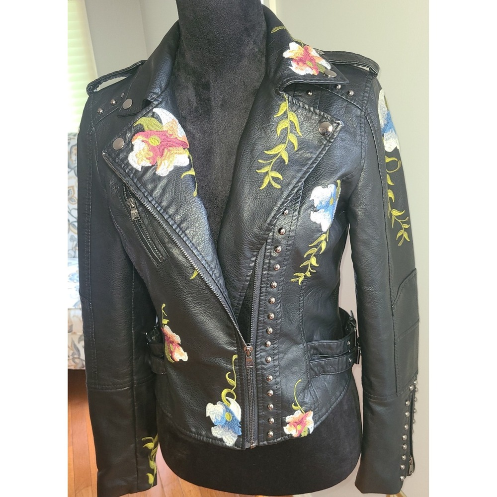 Women's Floral Embroidered Vegan Leather Motorcycle Jacket Studded